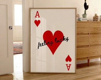 Gevoel van geluk Ace Poster Trendy Ace of Hearts Print, Speelkaart Poster, Trendy Retro Wall Art, Retro Trendy Esthetische Print, Card Wall Art