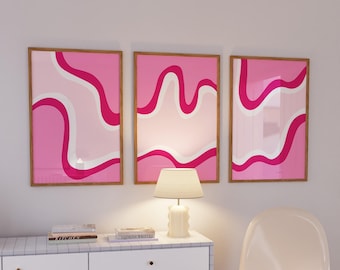 Set of 3 Pink Wavey Abstract Print, Trendy Pink Girly Art, Pink Wall Prints, Preppy Artwork, Bedroom Dorm Room Print