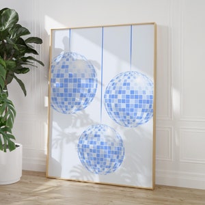 Impressão de bola de discoteca azul, arte feminina rosa da moda, impressões de parede rosa, arte preppy, impressão de dormitório de quarto descolado