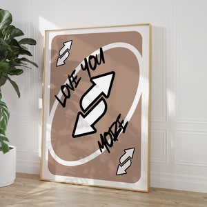 Love You More Print, arte marrom retrô para impressão, estética de dormitório de quarto elegante, cartas de baralho da moda, arte de parede de apartamento da moda