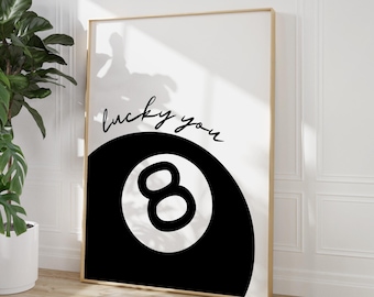 Lucky You 8 Ball Print, Trendy Black White Girly Art, Impressões de parede em preto e branco, Arte preppy, Impressão de quarto de dormitório