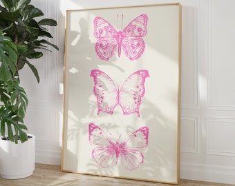 Różowy motyl plakat ścienny dziewczęcy modne cyfrowe wydruki do sypialni wystrój preppy modne wydruki artystyczne dziewczęcy wystrój artystyczny sztuka do sypialni sztuka preppy