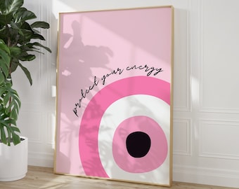 Impressão de arte de parede de mau olhado, decoração de quarto rosa moderno, casa retrô, arte de parede para impressão, impressões digitais formais, impressões de dormitório, arte de parede feminina