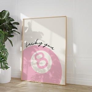 Lucky You 8 Ball Print – Pink Digital Wall Art, Trendy Girly Aesthetic Poster, Dorm Room Decor, Instant Download