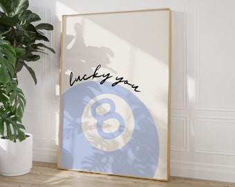 Lucky You 8 Ball Print, Trendy Blue Girly Art, Blue Wall Prints, Preppy Artwork, Bedroom Dorm Room Print