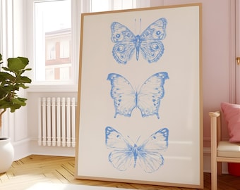 Blue Butterfly Downloadable Print, Trendy Blue Digital Prints, Preppy Decor, Trendy Art Prints, Girly Art Decor Bedroom Art, Preppy Art