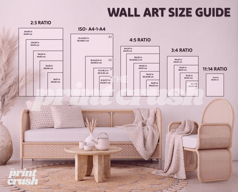 May include: A wall art size guide with different ratios and measurements in inches and centimeters. The guide shows the different sizes of prints that can be ordered, with the largest size being 24x36 inches and the smallest size being 8x12 inches.