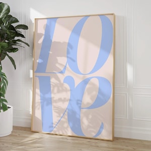 Póster de amor vintage de los años 70, impresión de pared azul, impresión retro, arte con cita de amor, impresión de pared de moda, arte de impresión tipográfica minimalista azul