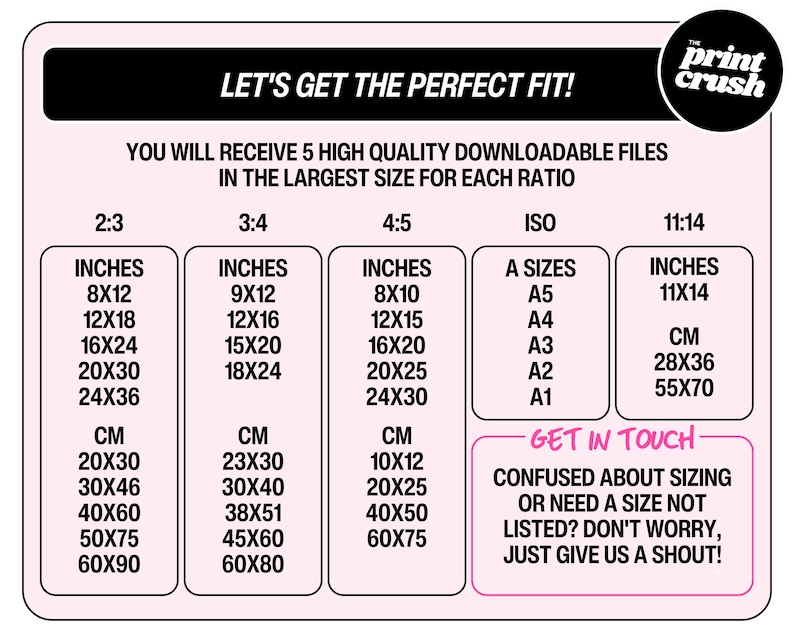 May include: A pink and black graphic with text that reads "LET'S GET THE PERFECT FIT!" and size charts in inches and centimeters for various print ratios. Includes a logo for "the print crush".