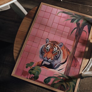 May include: A framed painting of a tiger sitting in a pink tiled room with a palm tree in the background. The tiger is looking directly at the viewer.