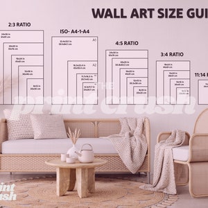 Op de afbeelding: Een wandkunst-formaatgids met verschillende verhoudingen en maten in inches en centimeters. De gids toont de verschillende formaten prints die kunnen worden besteld, waarbij de grootste maat 24x36 inch is en de kleinste maat 8x12 inch.