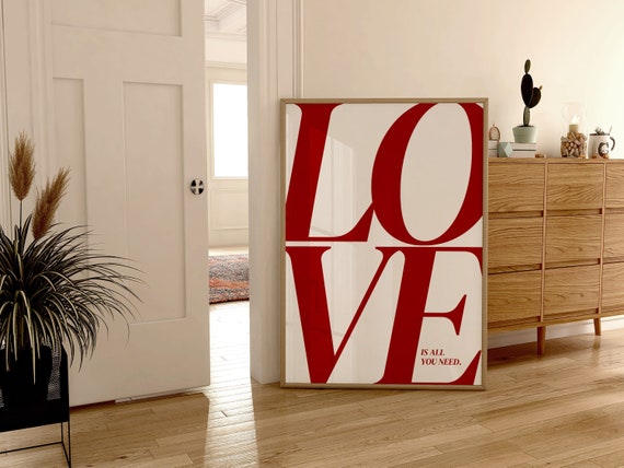 Love Poster Vintage 70s Wall Print, Red Wall Art, Retro Print, Love Quote Art, Trendy Wall Print, Minimalistic Red Typography Print Art