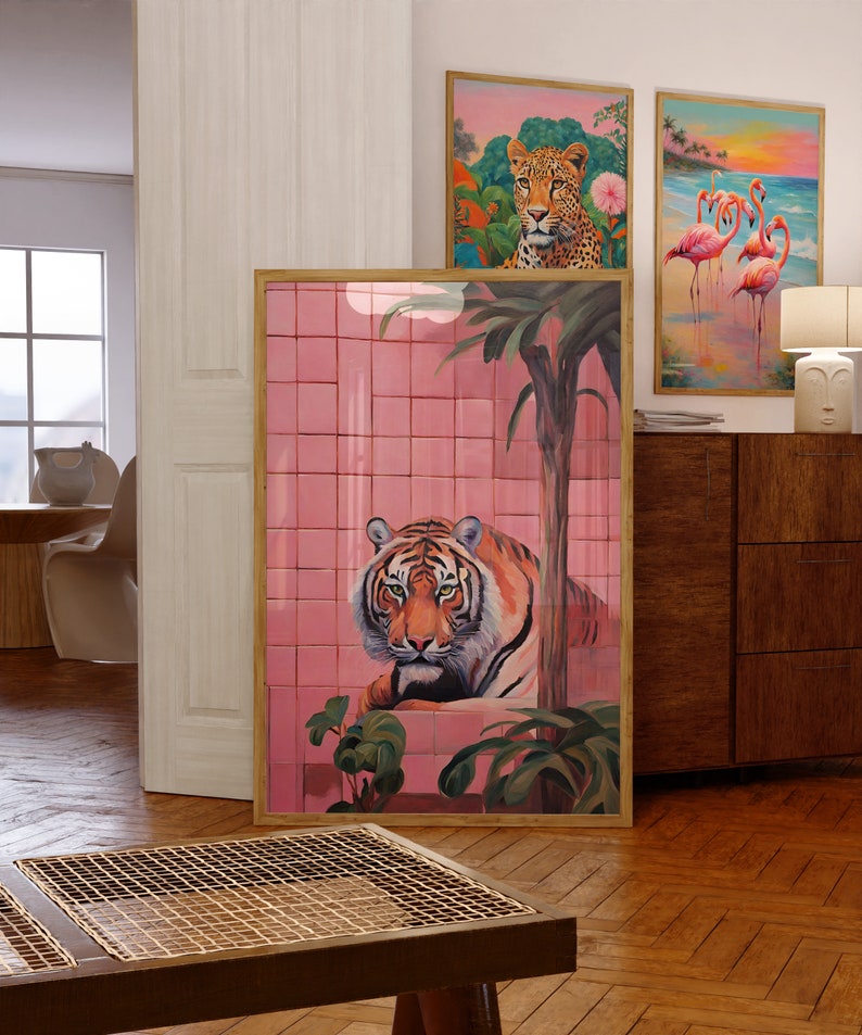 May include: A framed print of a tiger in a pink tiled bathroom with a palm tree in the background.