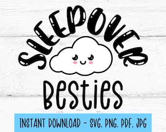 May include: Black and white graphic design with the text "Sleepover besties" in a playful font. A white cloud with a smiling face is centered above the text.