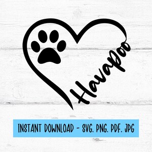 May include: Black and white graphic design of a heart with a paw print inside and the word "Havanese" written inside the heart.