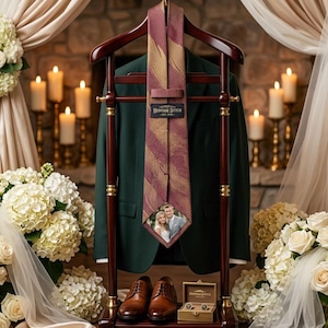 May include: A dark green suit jacket hangs on a wooden valet stand, paired with a patterned tie featuring a photo. Brown leather shoes and a box of cufflinks sit below. The tie has the text "HERITAGE STITCH".