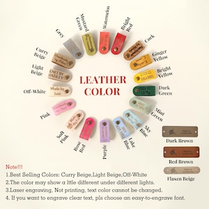 May include: A color chart of leather tags in various colors, including grey, mustard, and bright red. Each tag has text, such as "Handmade by Ali" and "Knit by Hadley." The text "Leather Color" is in the center.