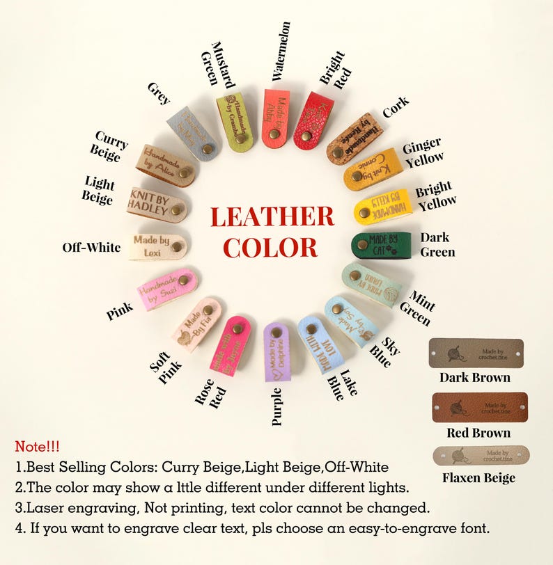 May include: A color chart of leather tags in various colors, including grey, mustard, and bright red. Each tag has text, such as "Handmade by Ali" and "Knit by Hadley." The text "Leather Color" is in the center.