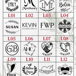 May include: A grid of 16 black and white images showing different monogram and name designs. Each image has a white background and a black border. The images are labeled with the letters L01 through L16.