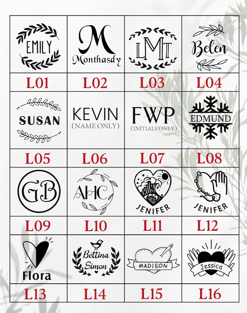 May include: A grid of 16 black and white images showing different monogram and name designs. Each image has a white background and a black border. The images are labeled with the letters L01 through L16.