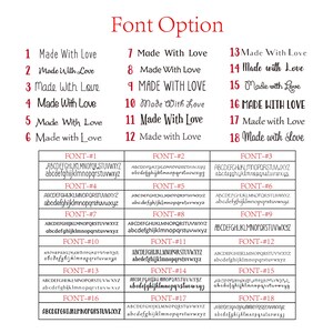 May include: Font options chart with 18 different font styles. Each font is displayed with the text "Made With Love" and a sample of the alphabet in both uppercase and lowercase letters. The title "Font Option" is at the top.