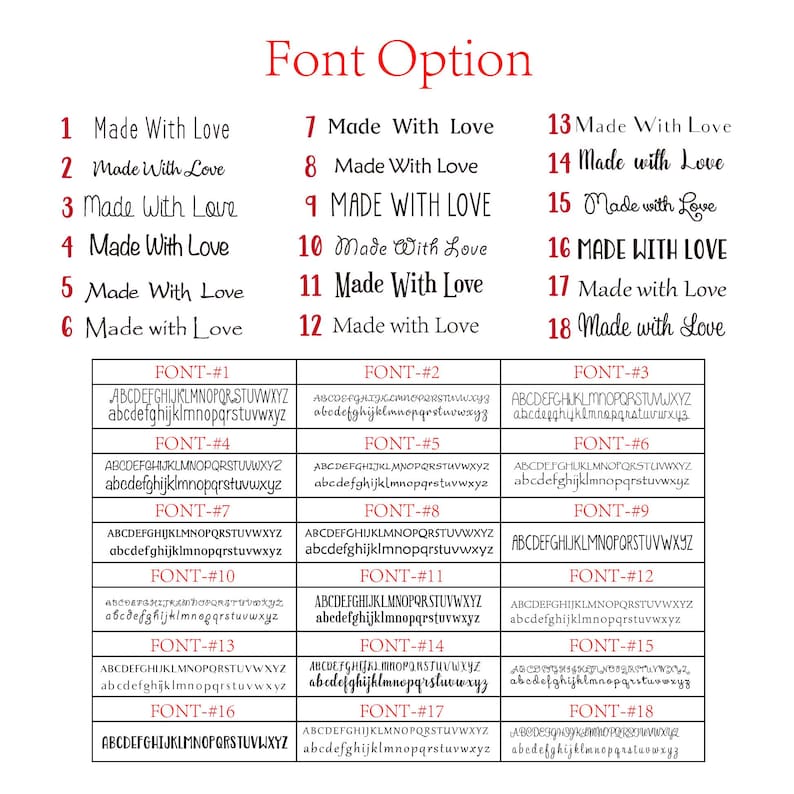 May include: Font options chart with 18 different font styles. Each font is displayed with the text "Made With Love" and a sample of the alphabet in both uppercase and lowercase letters. The title "Font Option" is at the top.