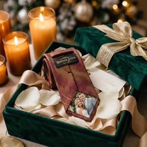 May include: A burgundy and gold patterned tie with a photo of a couple, presented in a green velvet gift box with a gold ribbon. The tie has a label that reads "Heritage Stitch - EST. 2016". The box is filled with white petals and gold ribbon.