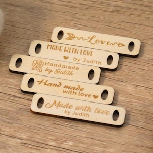 Custom Sew on Wooden Tags,Knits and Crochet Labels, Guest Name Sign Tags,Knitting Tags,Clothing labels,Handmade Engraved Tags,