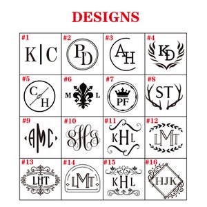 May include: A grid of 16 different monogram designs, each with a unique style and font. The designs are numbered 1 through 16. The designs include initials, crowns, fleur-de-lis, antlers, and other decorative elements.