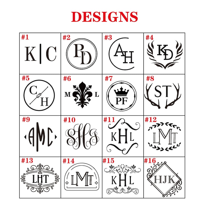 May include: A grid of 16 different monogram designs, each with a unique style and font. The designs are numbered 1 through 16. The designs include initials, crowns, fleur-de-lis, antlers, and other decorative elements.