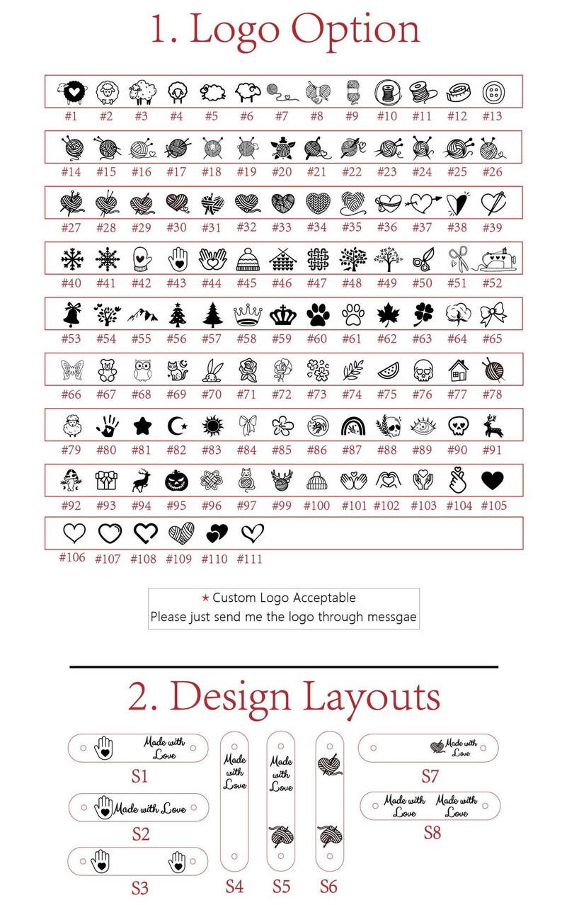 May include: A product image showcasing logo options and design layouts. The top section displays 111 small black and white logo icons, numbered sequentially. The bottom section presents design layouts with the text "Made with Love".