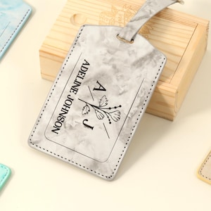 Gepersonaliseerde gemarmerde lederen bagagelabel, reiscadeaus, huwelijkscadeaus, adresbagagelabel, gegraveerd bagagelabel