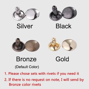 May include: An image showcasing four sets of rivets in silver, black, bronze, and gold. Each set includes a post and a cap. The text labels each color. The bronze color is labeled as the default.