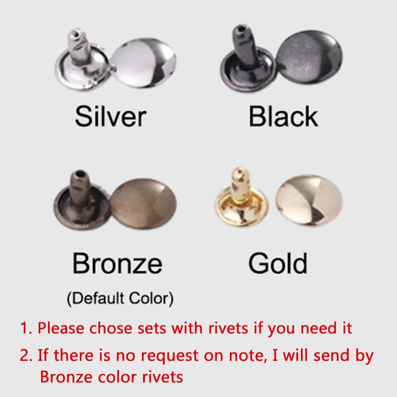 May include: An image showcasing four sets of rivets in silver, black, bronze, and gold. Each set includes a post and a cap. The text labels each color. The bronze color is labeled as the default.