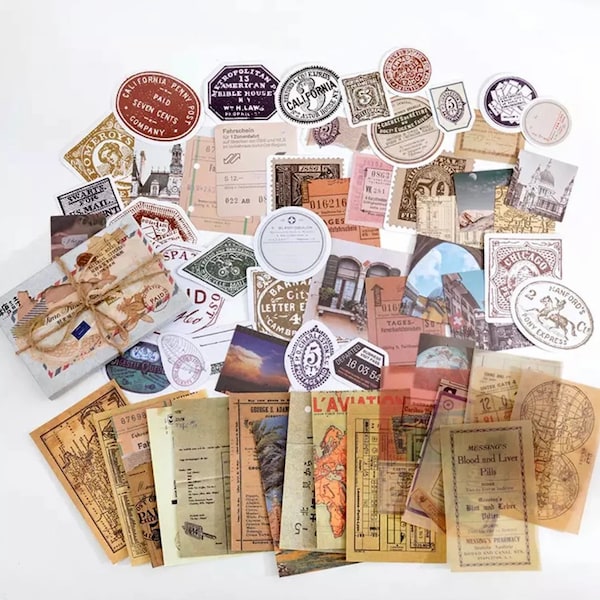 Junk Journal Set, Vintage Scrapbook Mixed Set, Paper Ephemera, Scrapbook Stickers, Creative Journaling Bundle, Craft Supplies