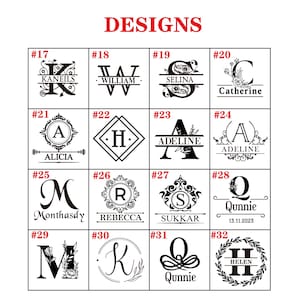 May include: A grid of 12 black and white monogram designs with numbers 17 through 32. Each design features a letter with a decorative flourish or border. Some designs include names or dates.