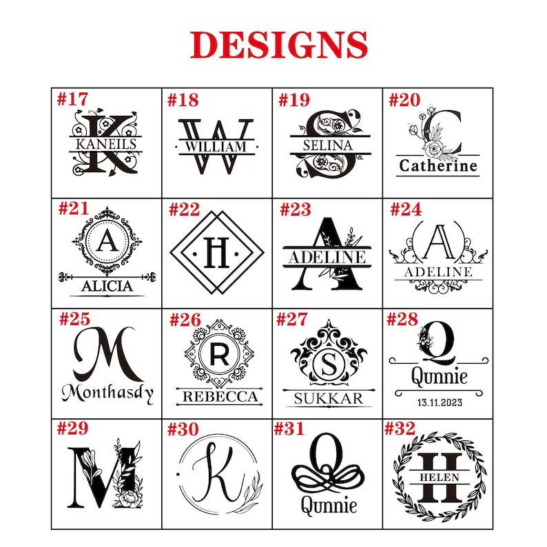 May include: A grid of 12 black and white monogram designs with numbers 17 through 32. Each design features a letter with a decorative flourish or border. Some designs include names or dates.