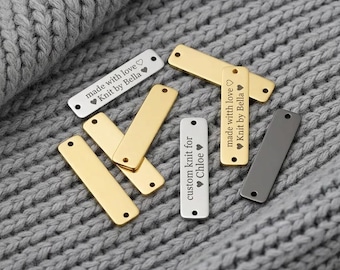 Etichette personalizzate in acciaio inossidabile incise per abbigliamento, etichette per borse per maglieria, uncinetto e cappelli, etichette in metallo per maglieria e uncinetto, etichette in metallo incise al laser