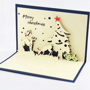 Voiture avec cerf et arbre de Noël, carte 3D, carte faite main, carte de voeux de Noël