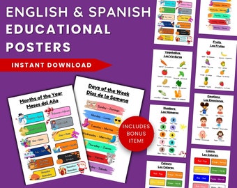 7 English to Spanish Educational Printables, Homeschool Printables, Learn Spanish,  ,English to Spanish Learning Printables for Kids