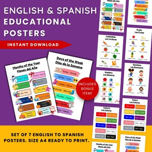 7 English to Spanish Educational Printables, Homeschool Printables, Learn Spanish,  ,English to Spanish Learning Printables for Kids