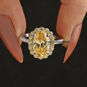 Canary Yellow Ring, Canary Yellow Oval Cut Diamond Engagement Ring, Halo Ring, Solitaire With Accent Ring, Wedding Ring In 14K White Gold