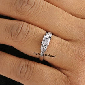 Three Stone Ring, Princess Cut Moissanite Engagement Ring, Three Stone Wedding Ring, Anniversary Gift Ring, 14K White Gold Princess Cut Ring