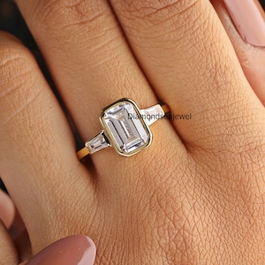 Bezel Set Wedding Ring, Past Present And Future Ring, 2.5 CT Emerald & Baguette Cut Colorless Moissanite Engagement Ring, 14K Gold Ring