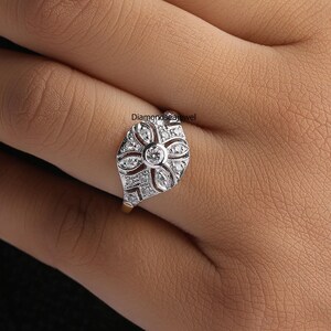 Floral Art Deco Bezel Set Ring In Two-Tone Gold, Round Colorless Moissanite Engagement Ring, Vintage Wedding Ring, Milgrain Art Deco Ring