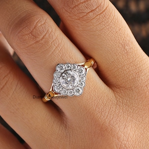 Art Deco Edwardian Ring, Round Colorless Moissanite Engagement Ring, Halo Ring, Bezel Set Ring, Wedding Ring, Two-Tone Gold Split-Shank Ring