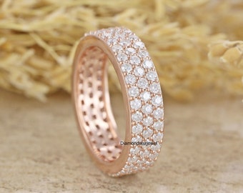 Three Layer Full Eternity Band, Round Colorless Moissanite Engagement Ring, Matching Moissanite Band, Stacking Wedding Band In 14K Rose Gold
