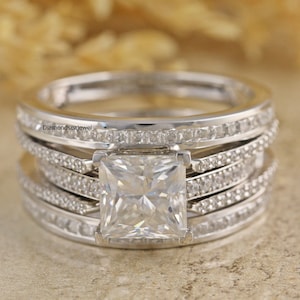 Enhancer Guard Ring, 3 CT Princess Cut Colorless Moissanite Engagement Ring, Jacket Enhancer Guard Ring, Ring Sets, 14K Gold Wedding Ring