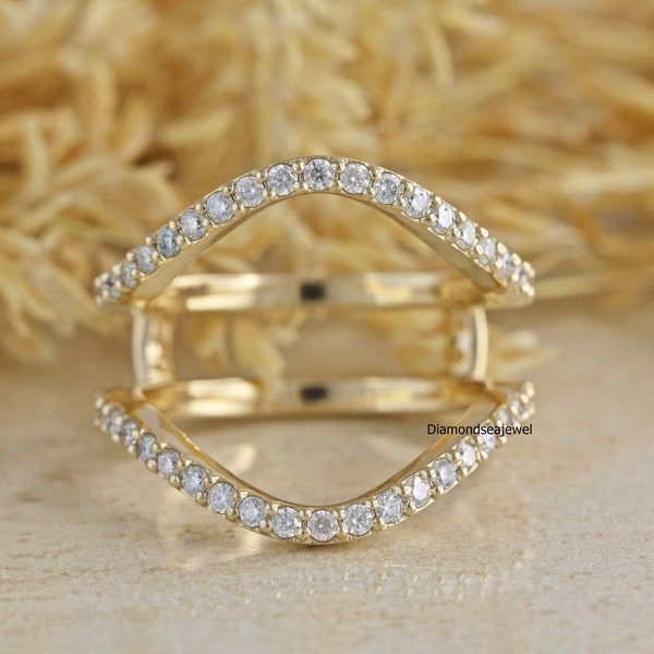 Enhancer Ring, Aggie  Ring, 14K Solid Yellow Gold Ring, Enhancer Wrap Guard Ring, Round Colorless Moissanite Engagement Ring, Wedding Ring