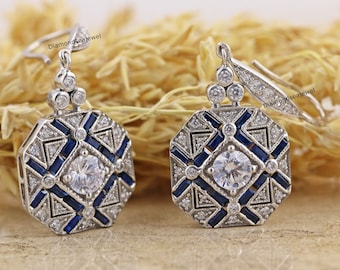 Pendientes eduardianos, pendientes de diamantes colgantes colgantes, pendientes de boda de compromiso, pendientes de oro blanco macizo de 14 quilates con diamantes redondos y zafiros